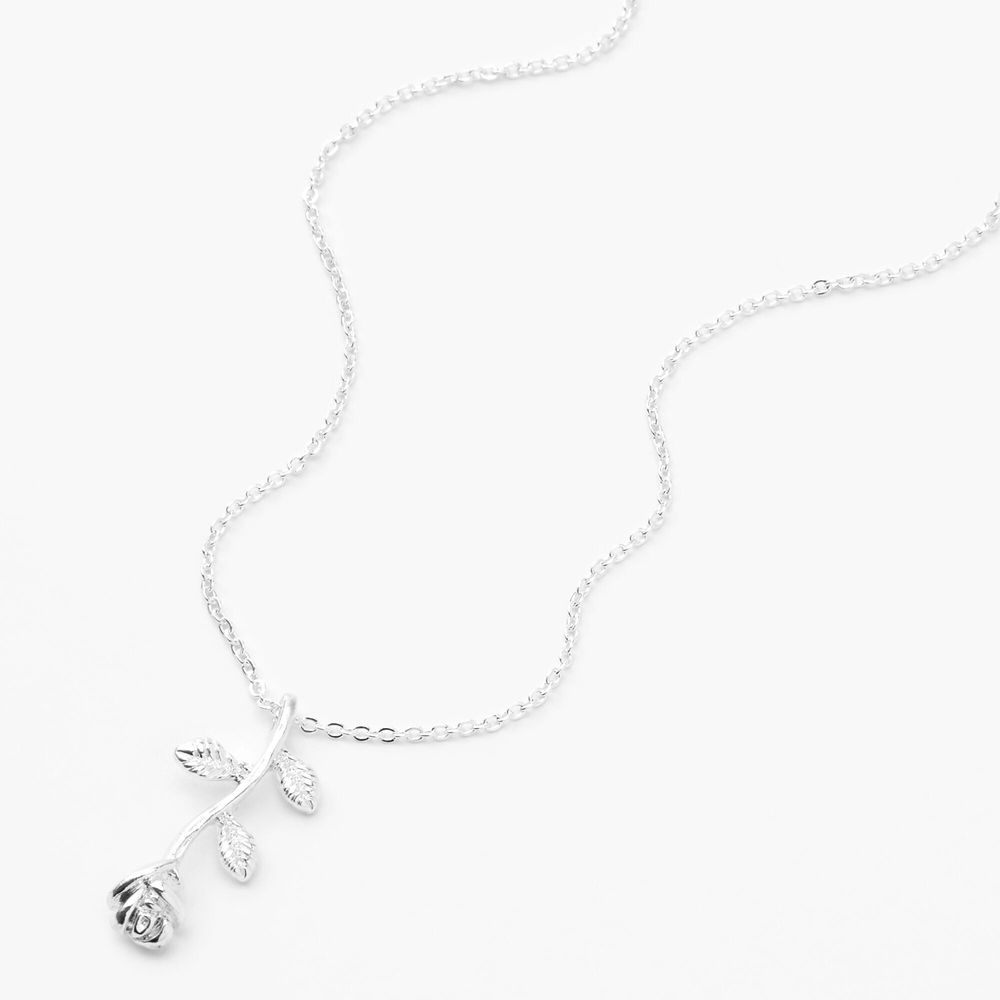 Silver Long Stemmed Rose Pendant Necklace