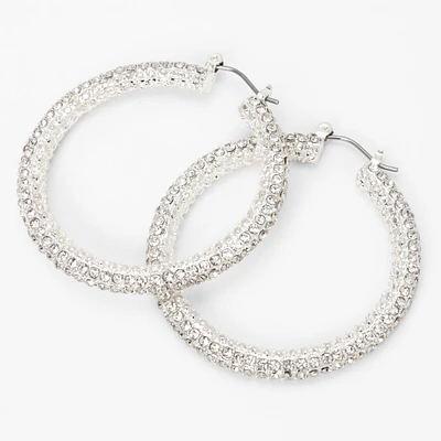 Silver 50MM Paved Crystal Hoop Earrings