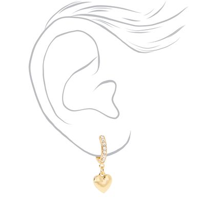 Gold 15MM Crystal Heart Huggie Hoop Earrings