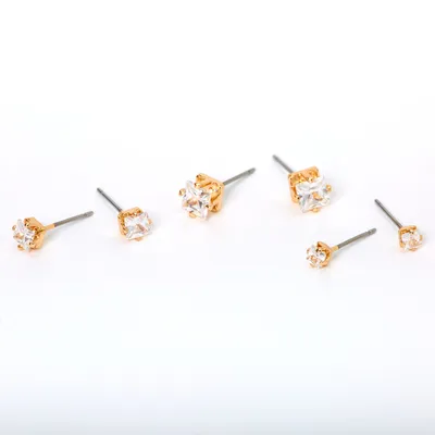 Gold Cubic Zirconia Square Stud Earrings - 3MM, 4MM, 5MM