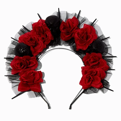 Red Floral & Black Glitter Skull Spiked Halo Headband