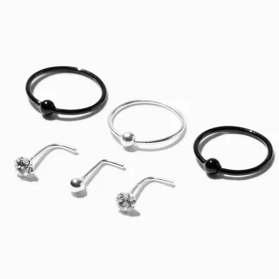 Sterling Silver Black 22G Ball Nose Studs & Hoops - 6 Pack