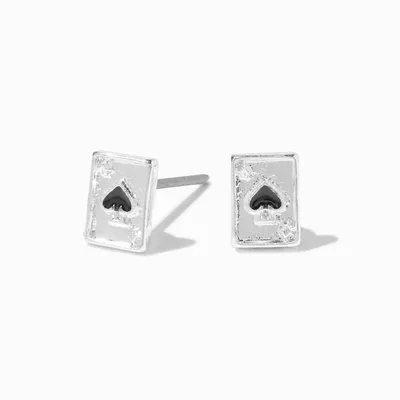 Black Heart Silver Playing Card Stud Earrings