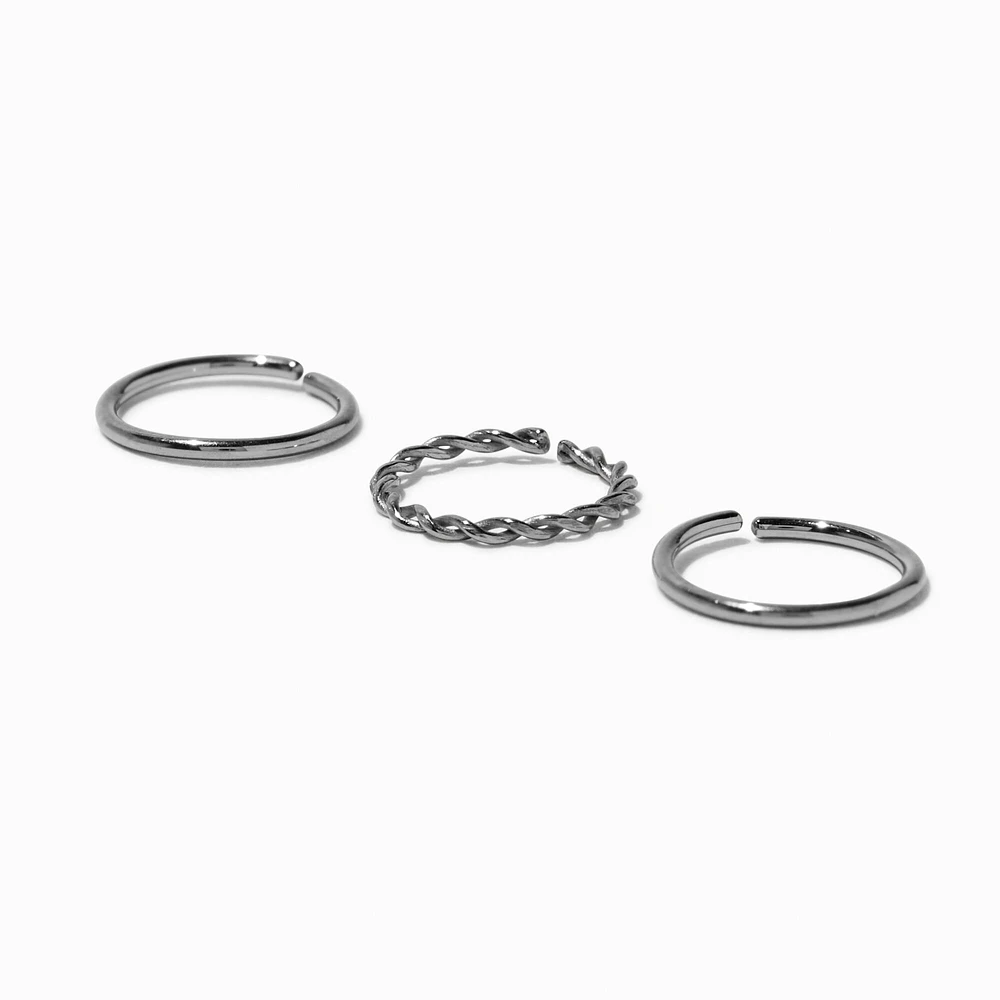 Silver-tone Titanium Braided & Smooth 20G Nose Hoop Rings - 3 Pack