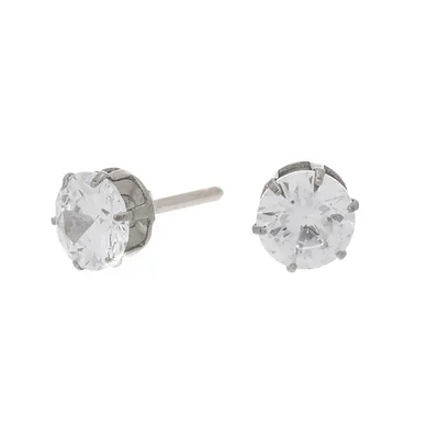 Silver Titanium Cubic Zirconia 6MM Round Stud Earrings