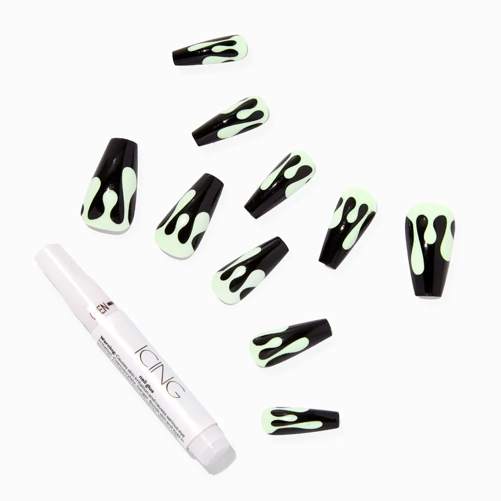 Black & Green Drip Squareletto Vegan Faux Nail Set - 24 Pack