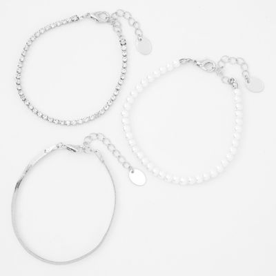 Silver Rhinestone & Pearl Bracelets (3 Pack)