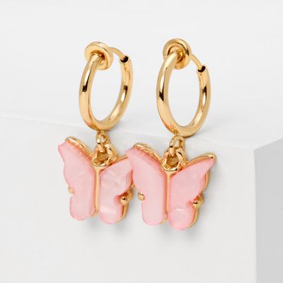Pink Butterfly Clip On Hoop Earrings