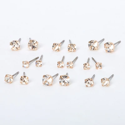 Rose Gold Graduated Crystal Stud Earrings - 9 Pack