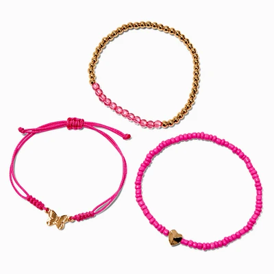 Butterfly & Heart Fuchsia Beaded Bracelet Set - 3 Pack