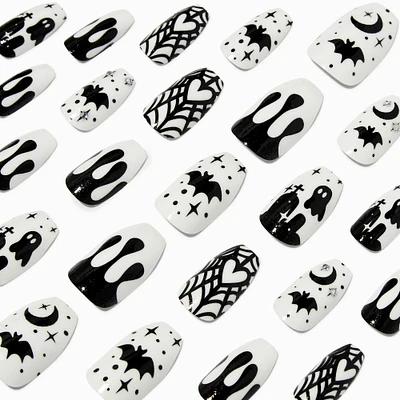 Halloween Black & White Icons Glow in the Dark Squareletto Press On Faux Nail Set - 24 Pack