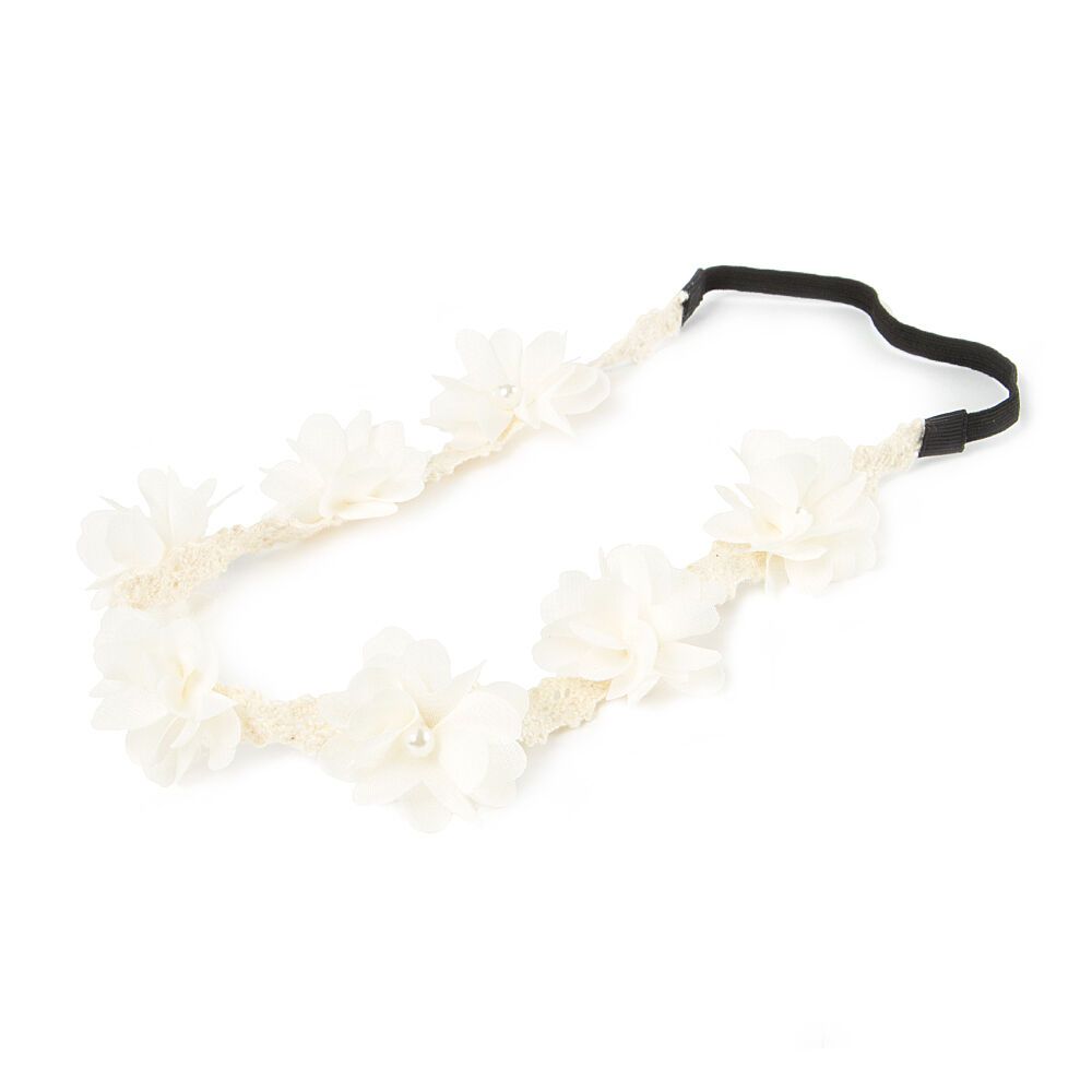 Ivory Thin Crochet Headwrap with Chiffon Flowers
