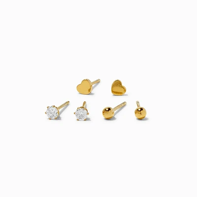 Gold-tone Stainless Steel Cubic Zirconia Heart Stud Earrings - 3 Pack