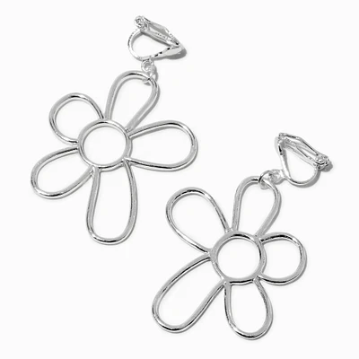 Silver-tone Daisy Outline 1.5" Clip-On Drop Earrings