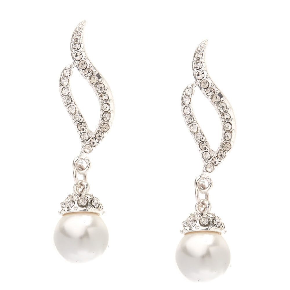 Silver Pearl & Rhinestone 1" Drop Earrings