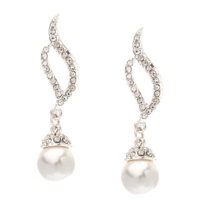 Silver Pearl & Rhinestone 1" Drop Earrings