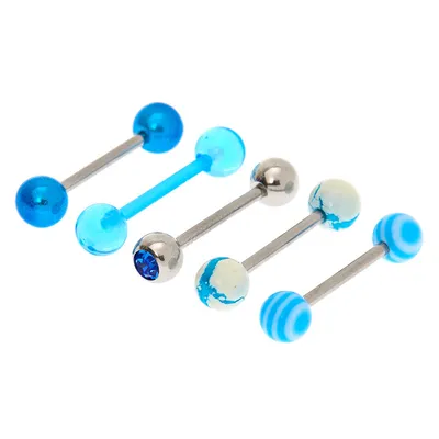 Silver 14G Marble Swirl Tongue Rings - Blue, 5 Pack