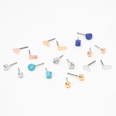 Mixed Metal Ball & Bar Marble Stud Earrings - Blue, 9 Pack