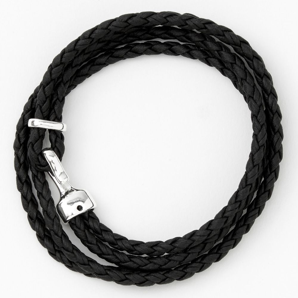Black Leather Look Braided Wrap Bracelet