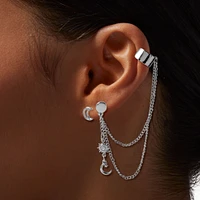 Silver-tone Stars & Moons Chain Ear Cuff Connector Stack Earrings