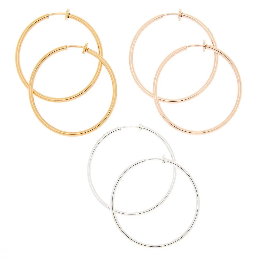 Mixed Metal 40MM Clip On Hoop Earrings - 3 Pack