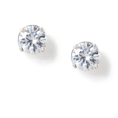 Silver Cubic Zirconia Love Setting Round Stud Earrings - 8MM