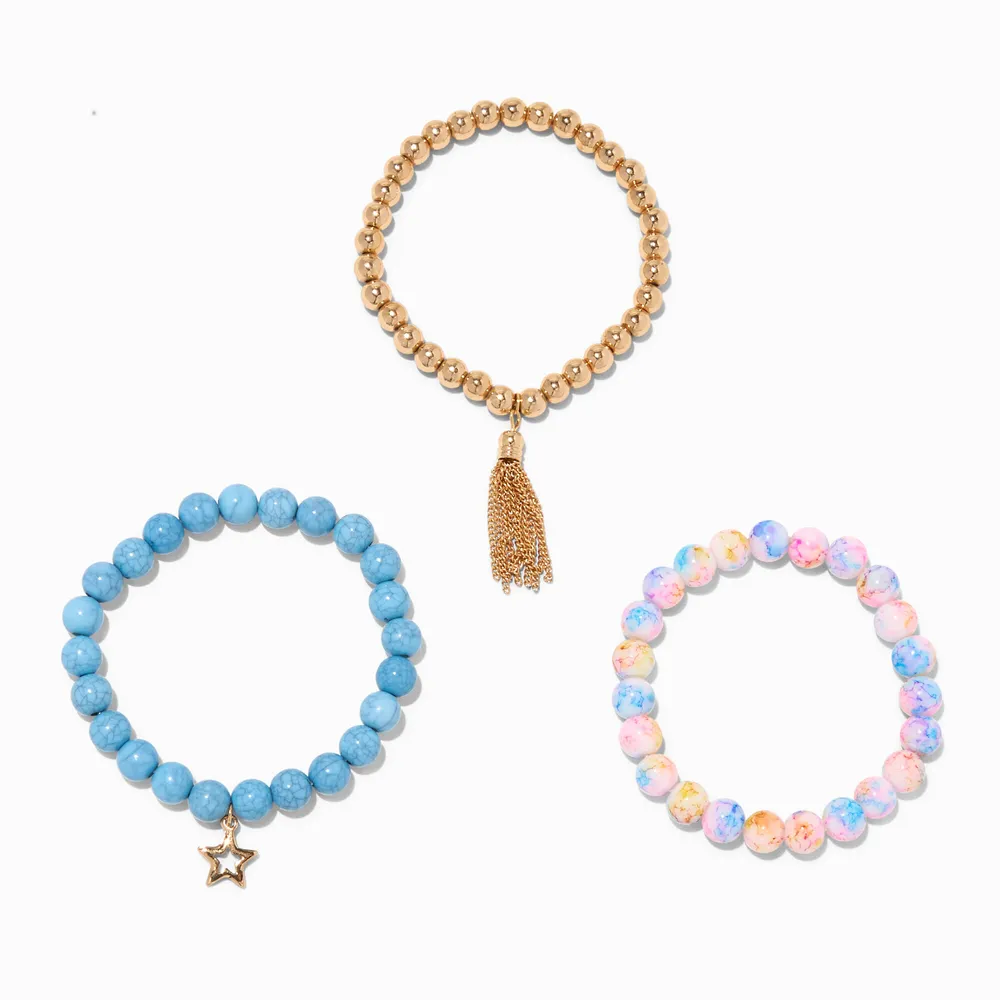 Star Rainbow Marble Beaded Stretch Bracelets - Bue, 3 Pack