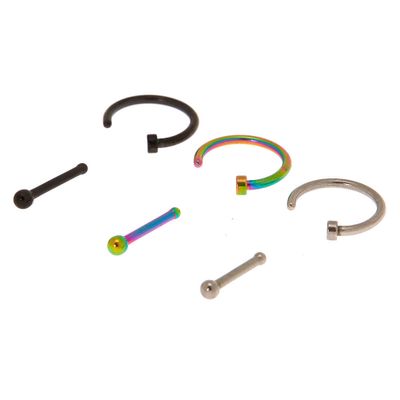 Mixed Metal 18G Anodized Nose Ring & Stud Set - 6 Pack
