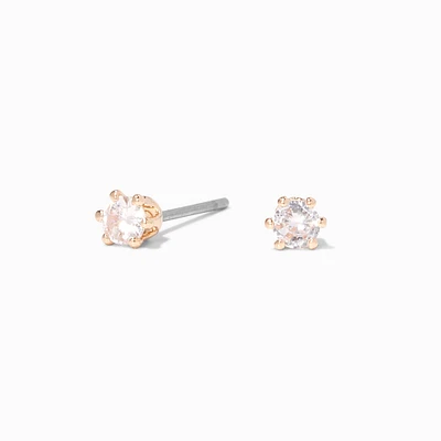 Gold Cubic Zirconia Round Stud Earrings - 3MM