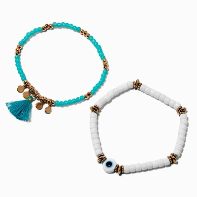 Turquoise Tassel Evil Eye Beaded Stretch Bracelet Set - 2 Pack