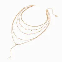 Gold Pink & Tan Seed Bead Disc Multi-Strand Y-Neck Necklace