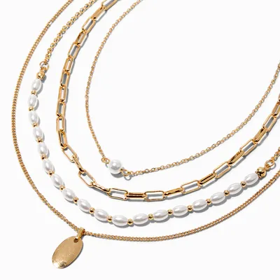 Gold Disc & Pearl Chain Multi-Strand Necklace
