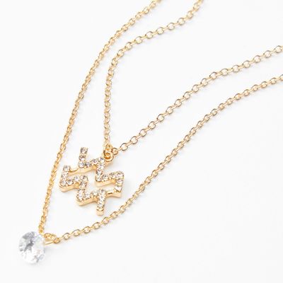 Gold Cubic Zirconia Zodiac Multi Strand Necklace - Aquarius