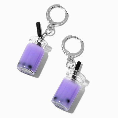 Silver 10MM Purple Bubble Tea Huggie Hoop Earrings