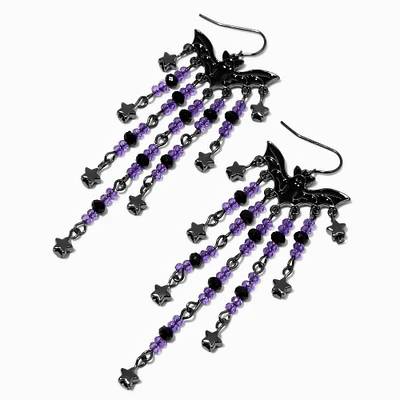 Black Bat Beaded & Chain 4" Drop Earrings