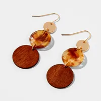 Gold 2" Wood & Tortoiseshell Disc Drop Earrings