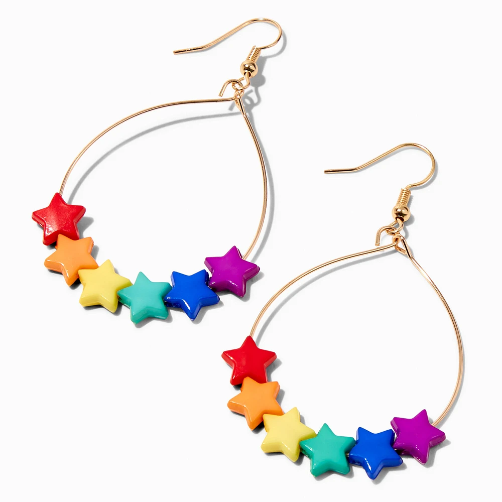 Rainbow Star Gold Oval 2.5'' Hoop Drop Earrings