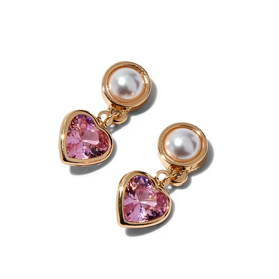 Gold-tone Pearl & Pink Heart Cubic Zirconia 0.5" Drop Earrings