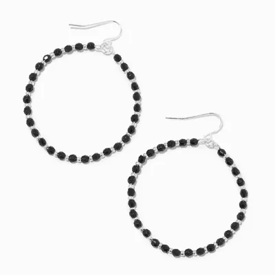 Silver Black Beads 1" Hoop Drop Earrings