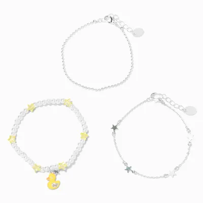 Silver Beaded Rubber Ducky Star Bracelet Set (3 Pack)