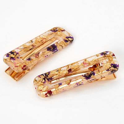 Gold Flake & Purple Flowers Boho Hair Clips - 2 Pack