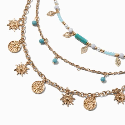 Gold-tone Coin & Turquoise Beaded Multi-Strand Necklace