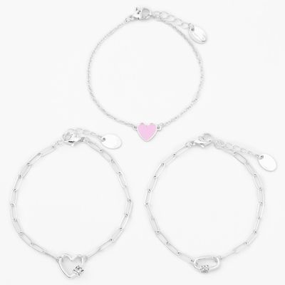 Silver Carabiner Heart Chain Bracelets - 3 Pack