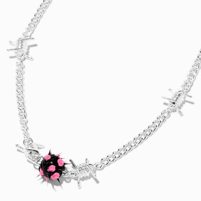 Silver Barbwire Pink Spikeball Necklace