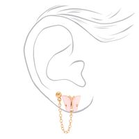 Pink Butterfly Gold Connector Chain Stud Earrings