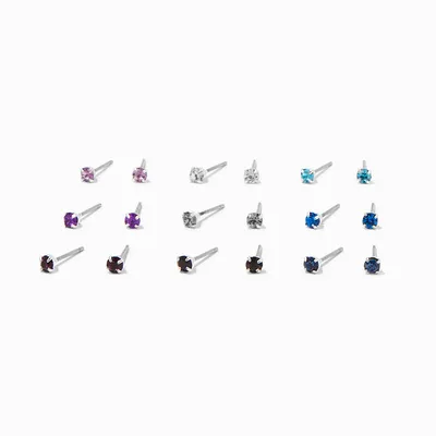 Blue Mixed 3MM Crystal Stud Earrings - 9 Pack