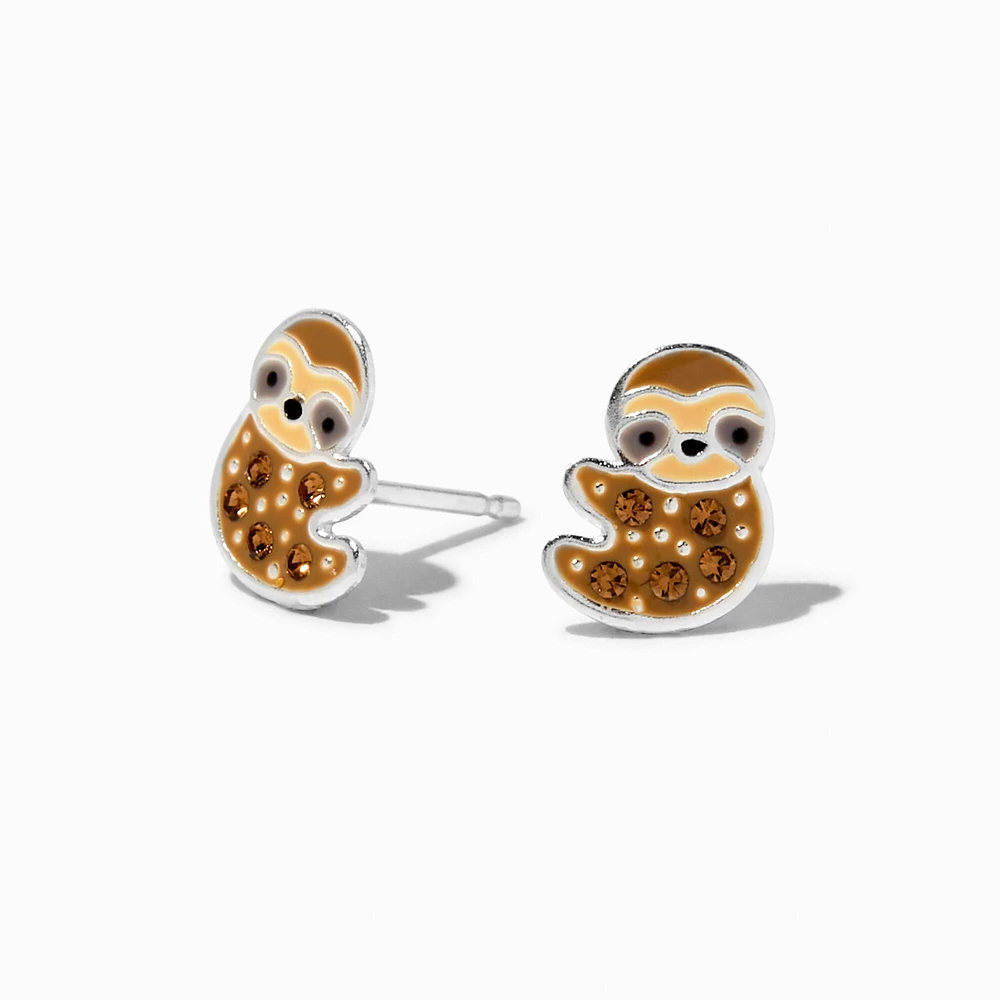 Sterling Silver Crystal Sloth Stud Earrings