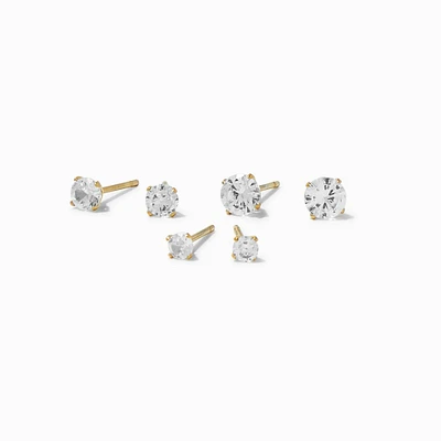 Gold-tone Stainless Steel Round Cubic Zirconia Stud Earrings - 3 Pack