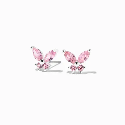 Pink Cubic Zirconia Silver Butterfly Stud Earrings