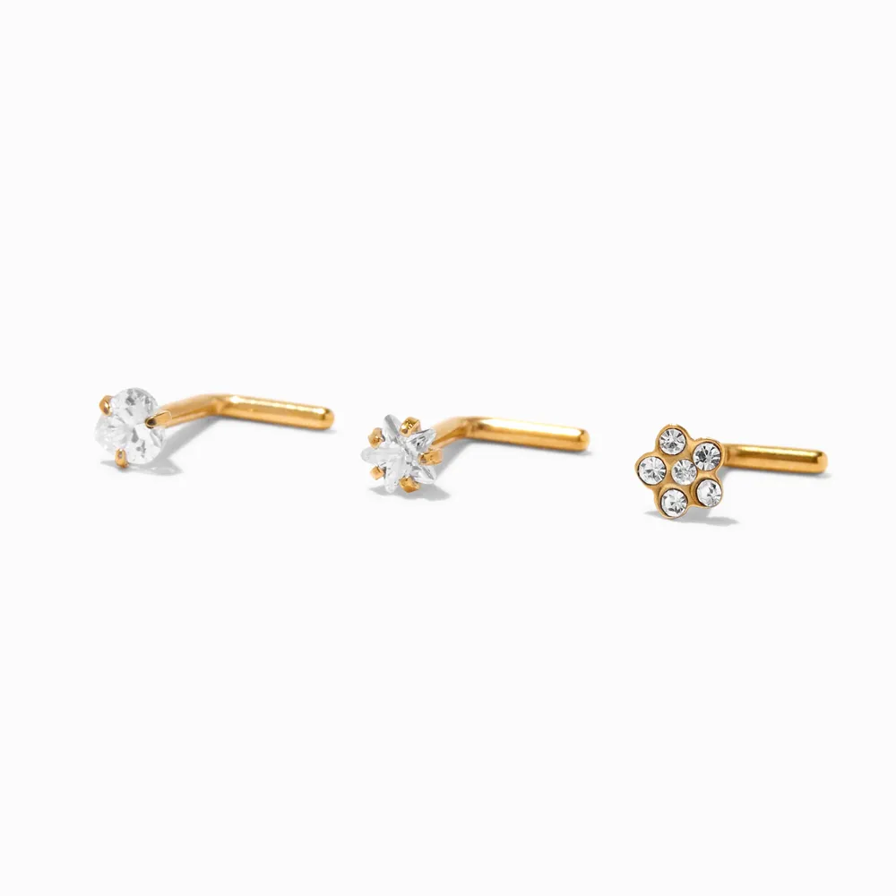 Gold Titanium 18G Flower, Heart & Star Nose Studs - 3 Pack